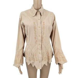 Beige Embroidered Stone Mineral Washed Women's Top Sawtooth Hem